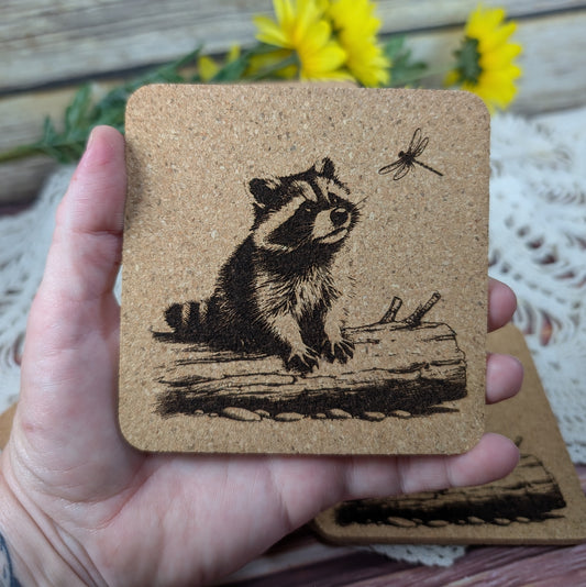 Raccoon and Dragonfly cork coaster