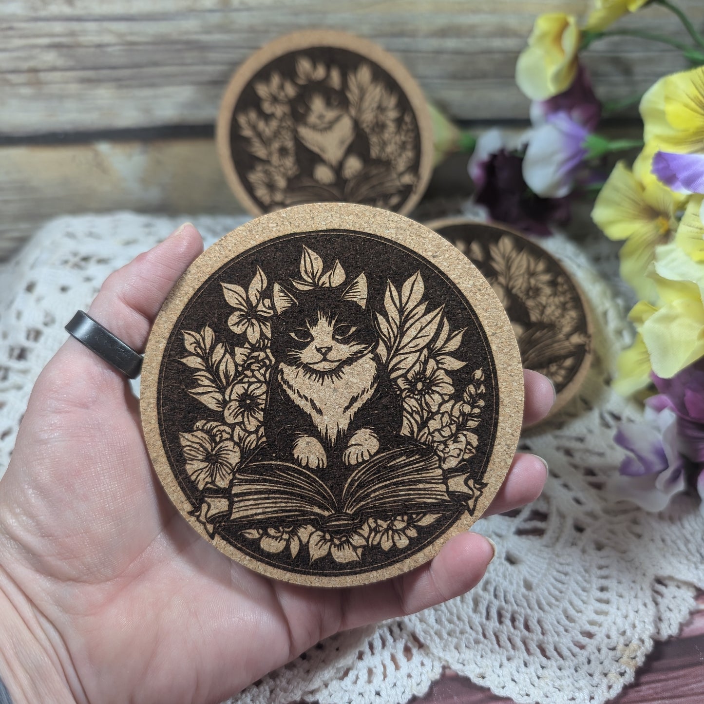 Cat with book cork coaster (Tuxedo)