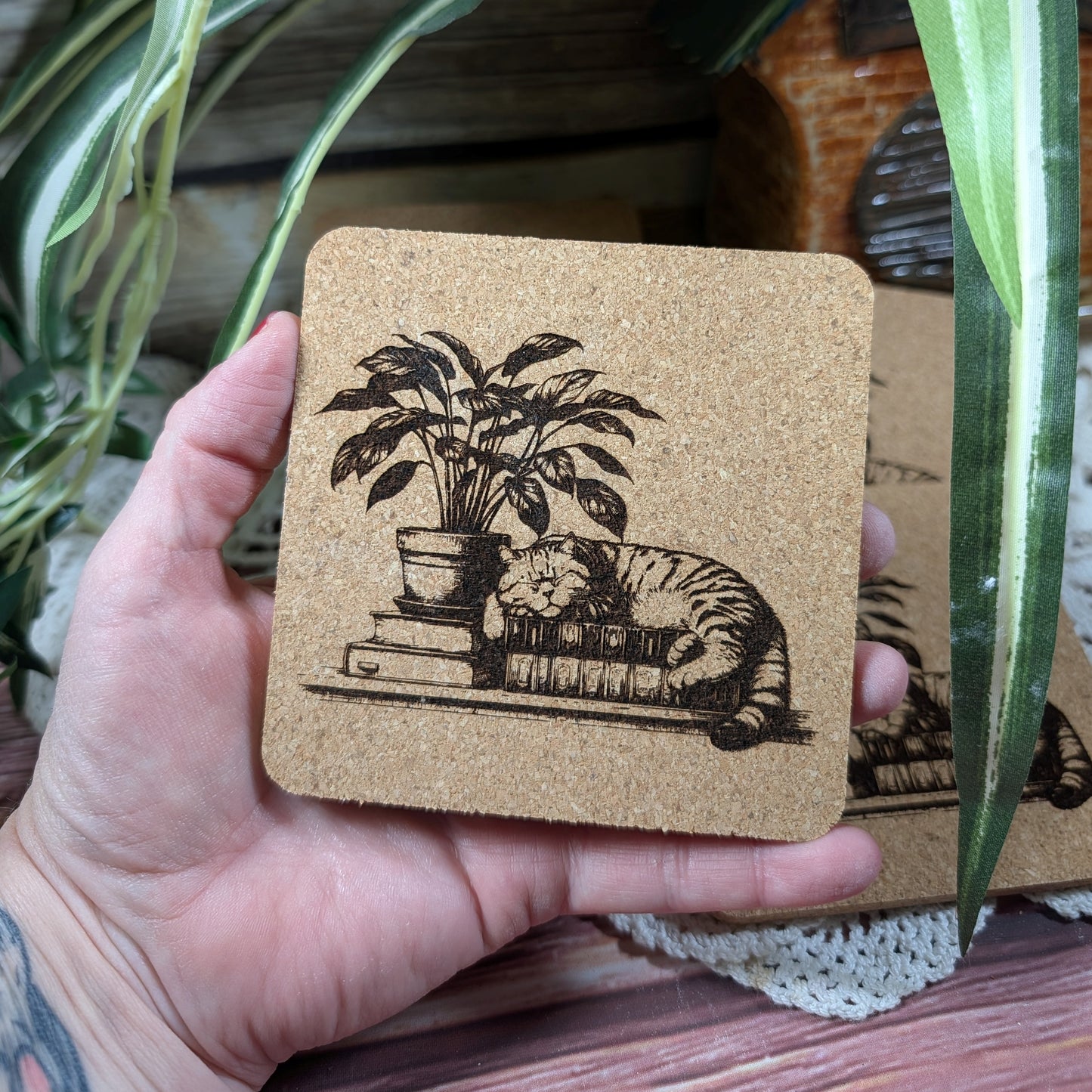 Cat with book cork coaster (sleeping Tabby)