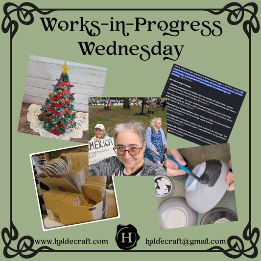 Black text and border on a green background with a selection of photos depicting work being done at a pottery studio. 