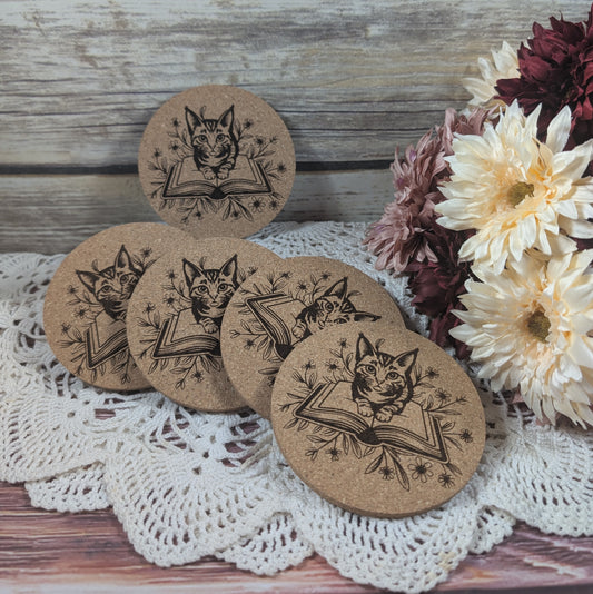 Cat with book cork coaster (Tabby)