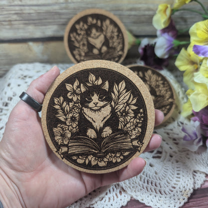 Cat with book cork coaster (Tuxedo)