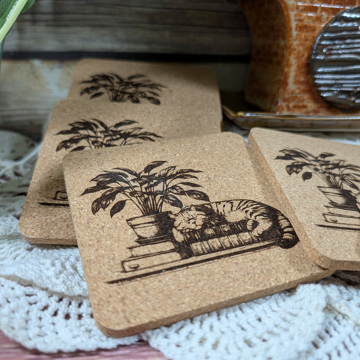 Cat with book cork coaster (sleeping Tabby)