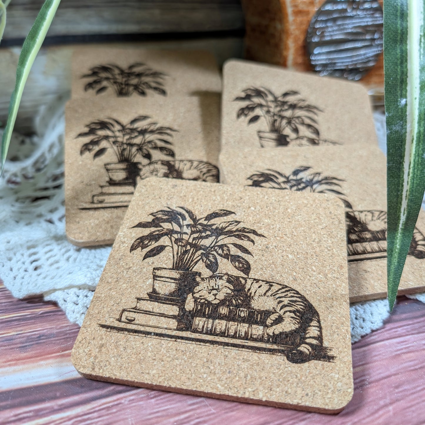 Cat with book cork coaster (sleeping Tabby)