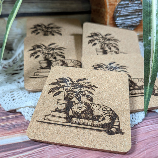 Cat with book cork coaster (sleeping Tabby)
